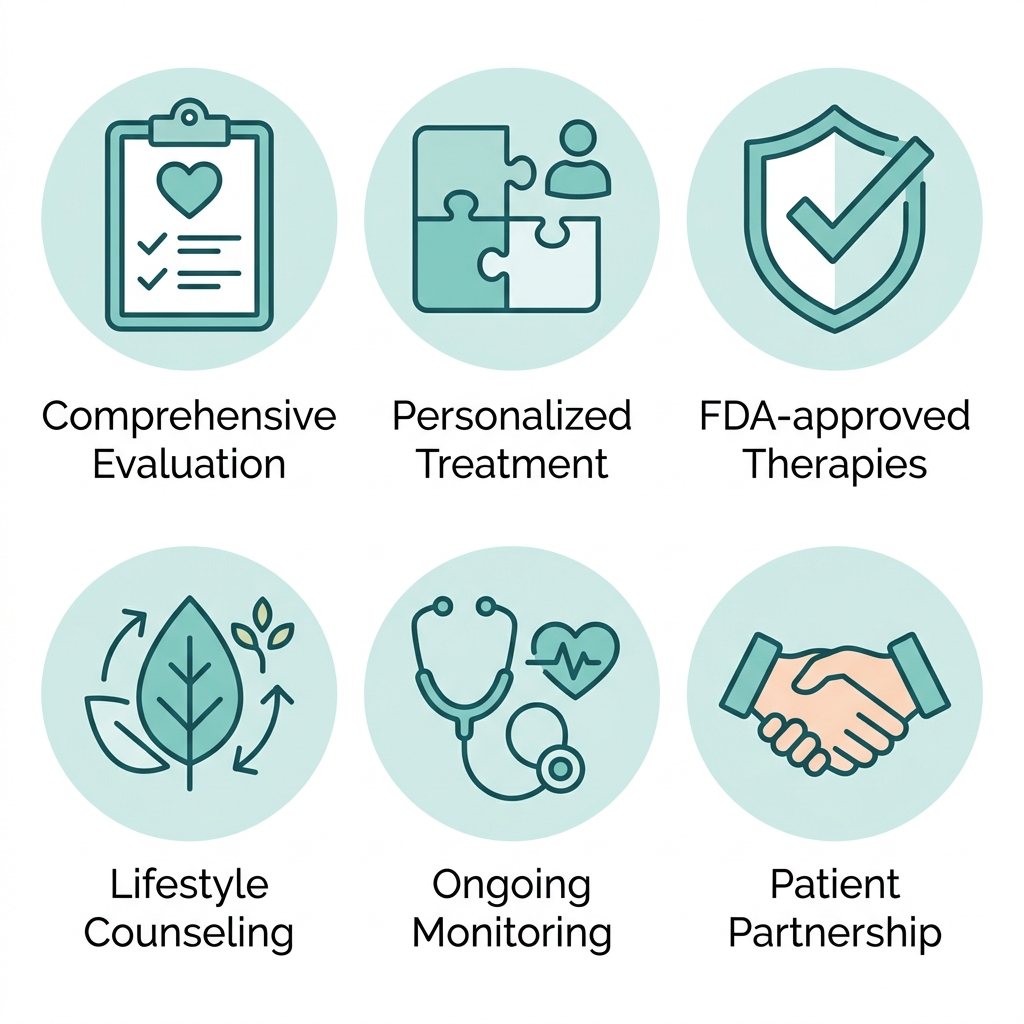 Six menopause service icons in warm teal outlines: evaluation, personalization, FDA-approved, lifestyle, monitoring, partnership, within soft circles.