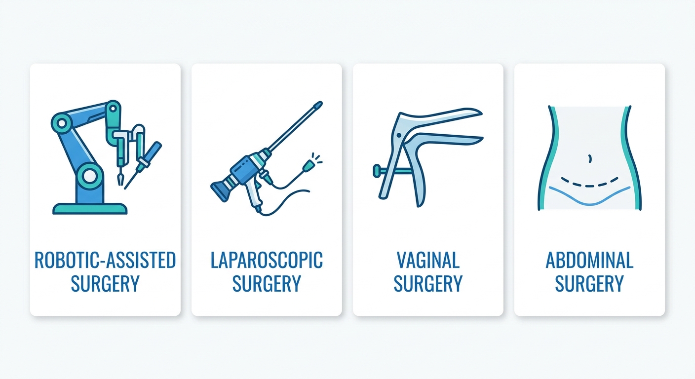 Medical infographic showing four types of hysterectomy procedures: robotic-assisted, laparoscopic, vaginal, and abdominal, with icons and labels.