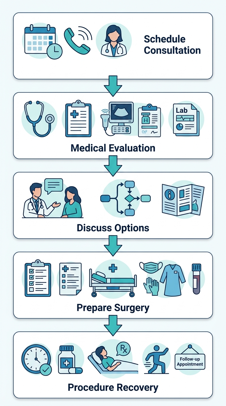Five-step hysterectomy care process flow from consultation to recovery