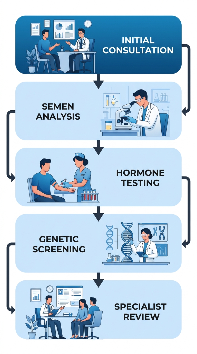 Vertical process flow diagram of male infertility diagnostic stages