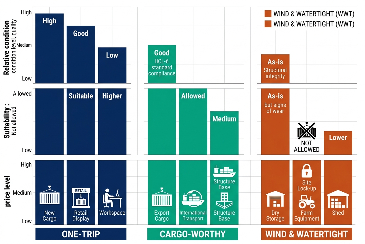 Bar chart comparing one-trip, cargo-worthy, and wind & watertight container grades by condition, international shipping suitability, and relative price levels.