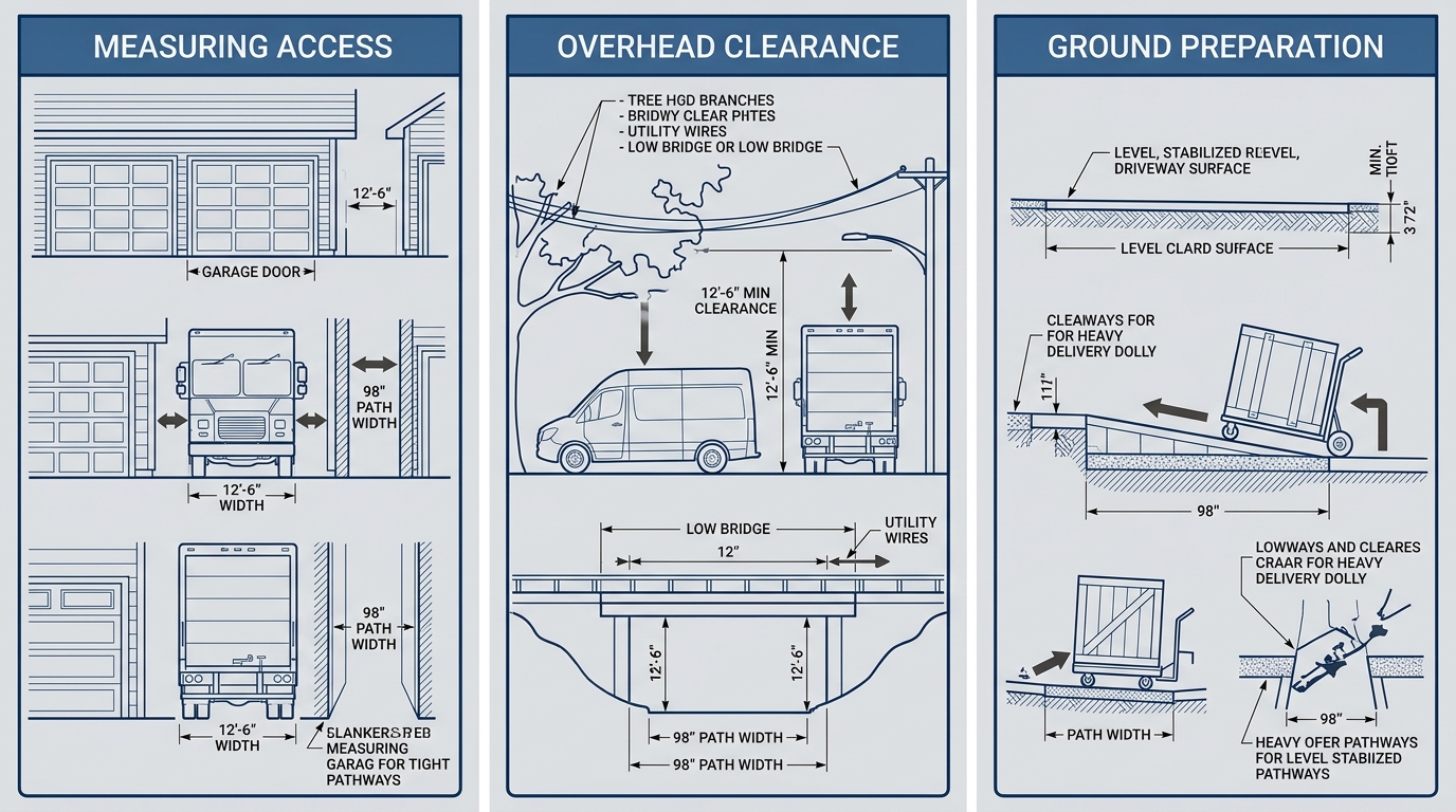 Infographic showing three steps for container delivery space preparation: measuring access path width, checking overhead clearance, and preparing level ground.