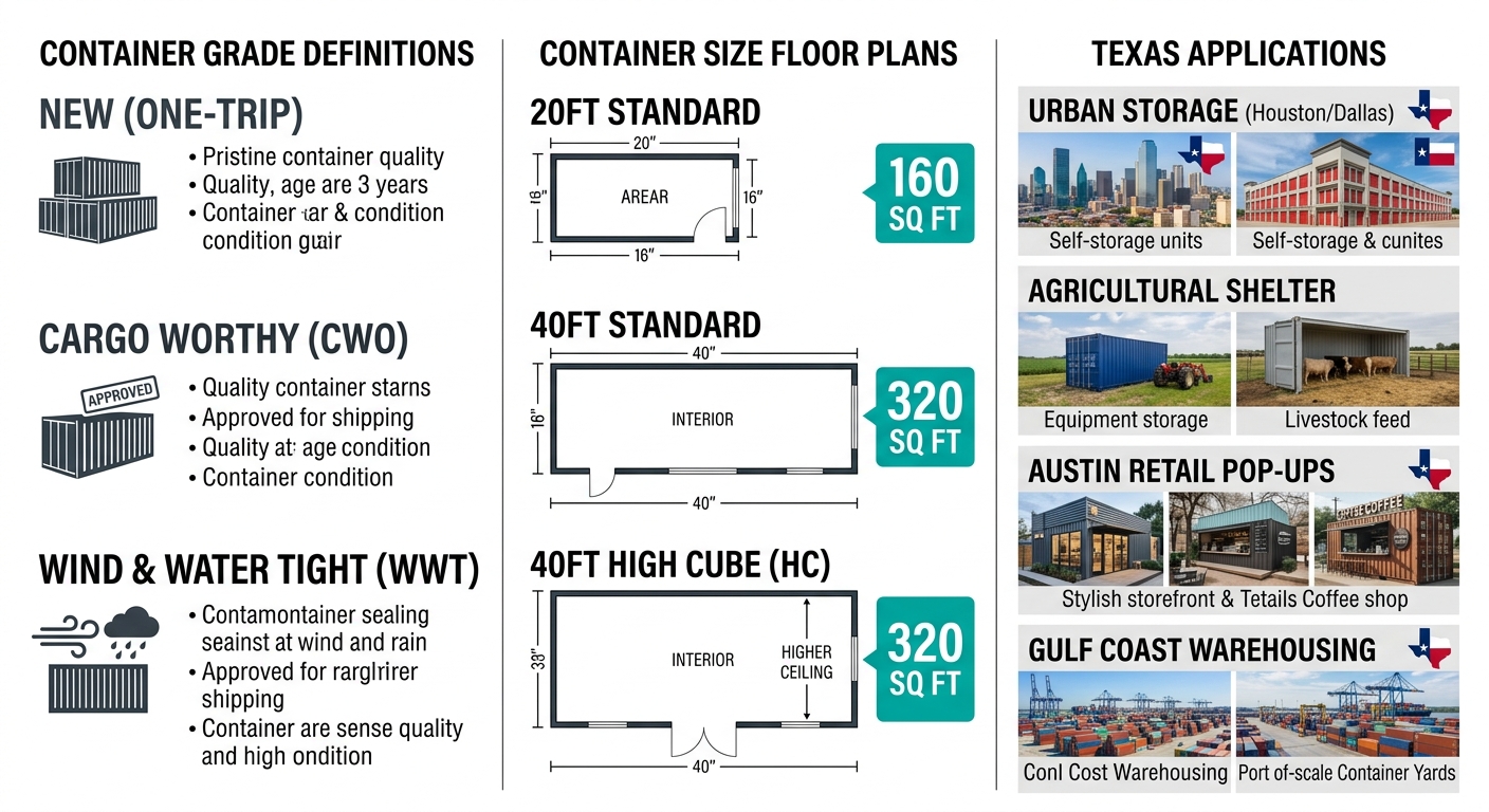 Infographic comparing shipping container grades and sizes used in Texas