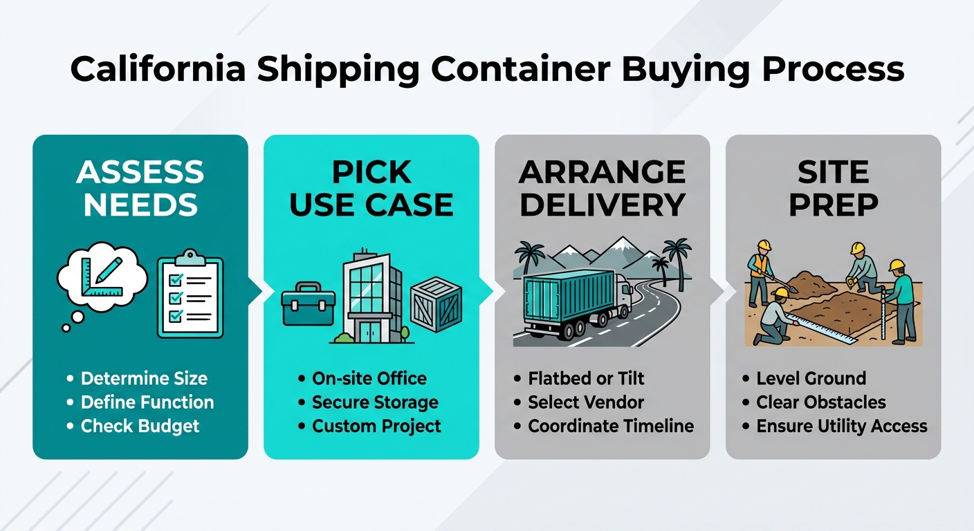 Four-step process flow for choosing and delivering shipping containers in California.