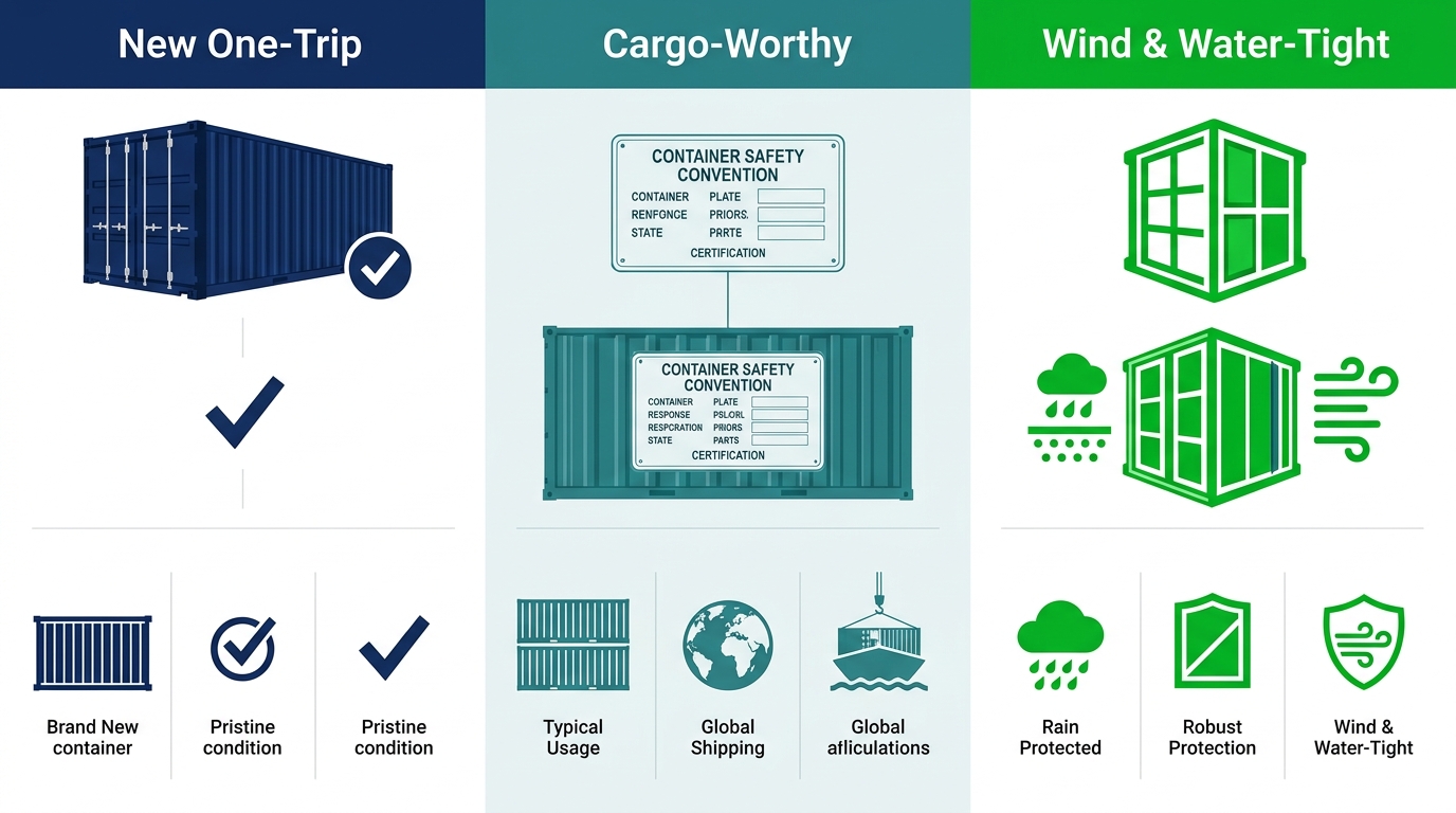 Infographic comparing three shipping container grades: New One-Trip, Cargo-Worthy, and Wind & Water-Tight.