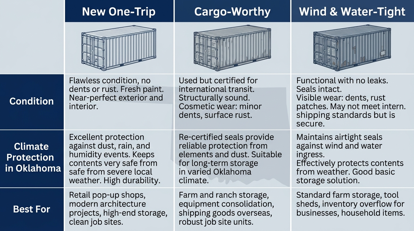 Side-by-side comparison of three shipping container grades: New One-Trip, Cargo-Worthy, and Wind & Water-Tight, detailing condition, Oklahoma climate protection, and ideal usage scenarios like farm storage, job sites, and retail pop-ups.