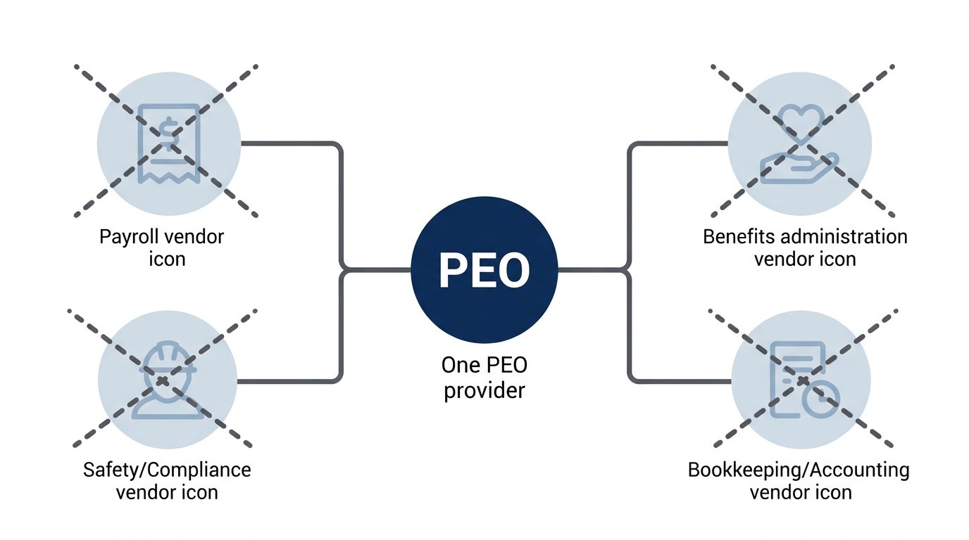 Infographic showing a central PEO hub connected to four faded vendor icons with dashed lines crossing out the disconnected vendors, illustrating reduced administrative burden.