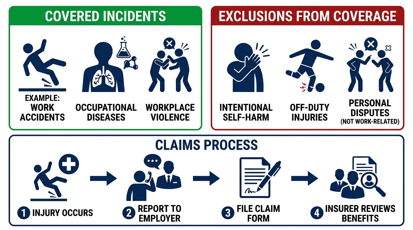 Infographic split into covered and non-covered workplace injuries with green and red panels, plus a four-step claims process flow diagram below.
