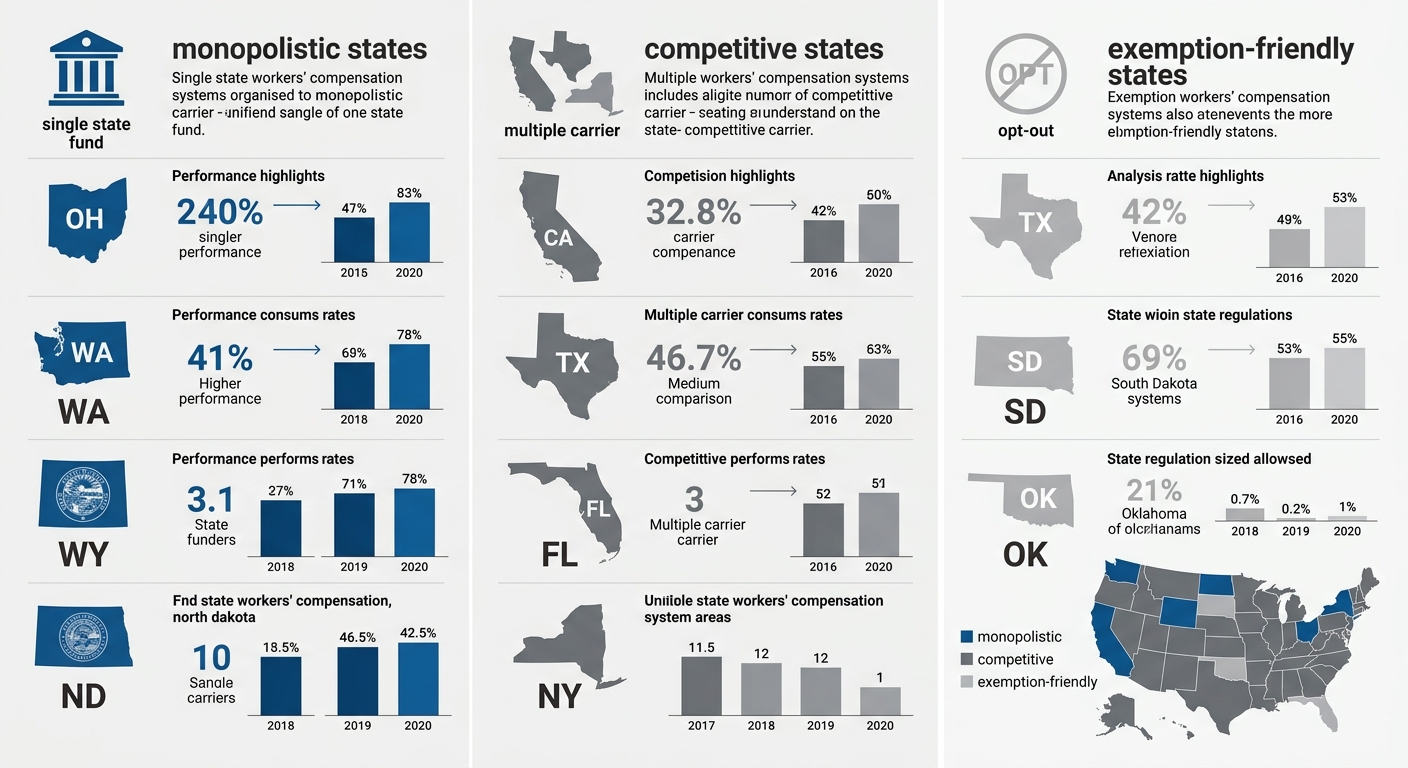 Three-column comparison visualization showing monopolistic, competitive, and exemption-friendly state workers' compensation systems across the United States