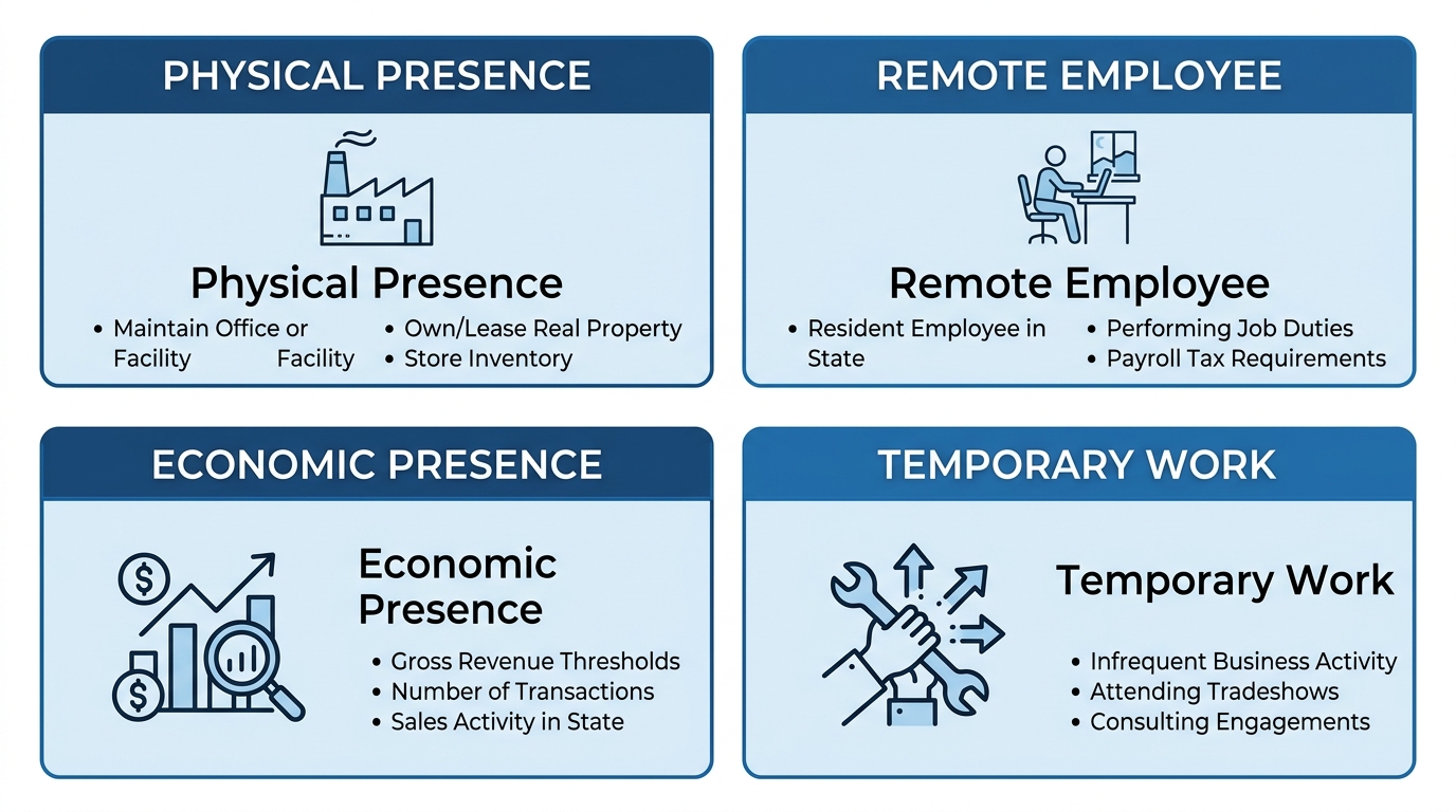 Infographic showing four triggers for state tax nexus: physical presence, remote employee location, economic presence, and temporary work, based on DOL and SHRM guidance.