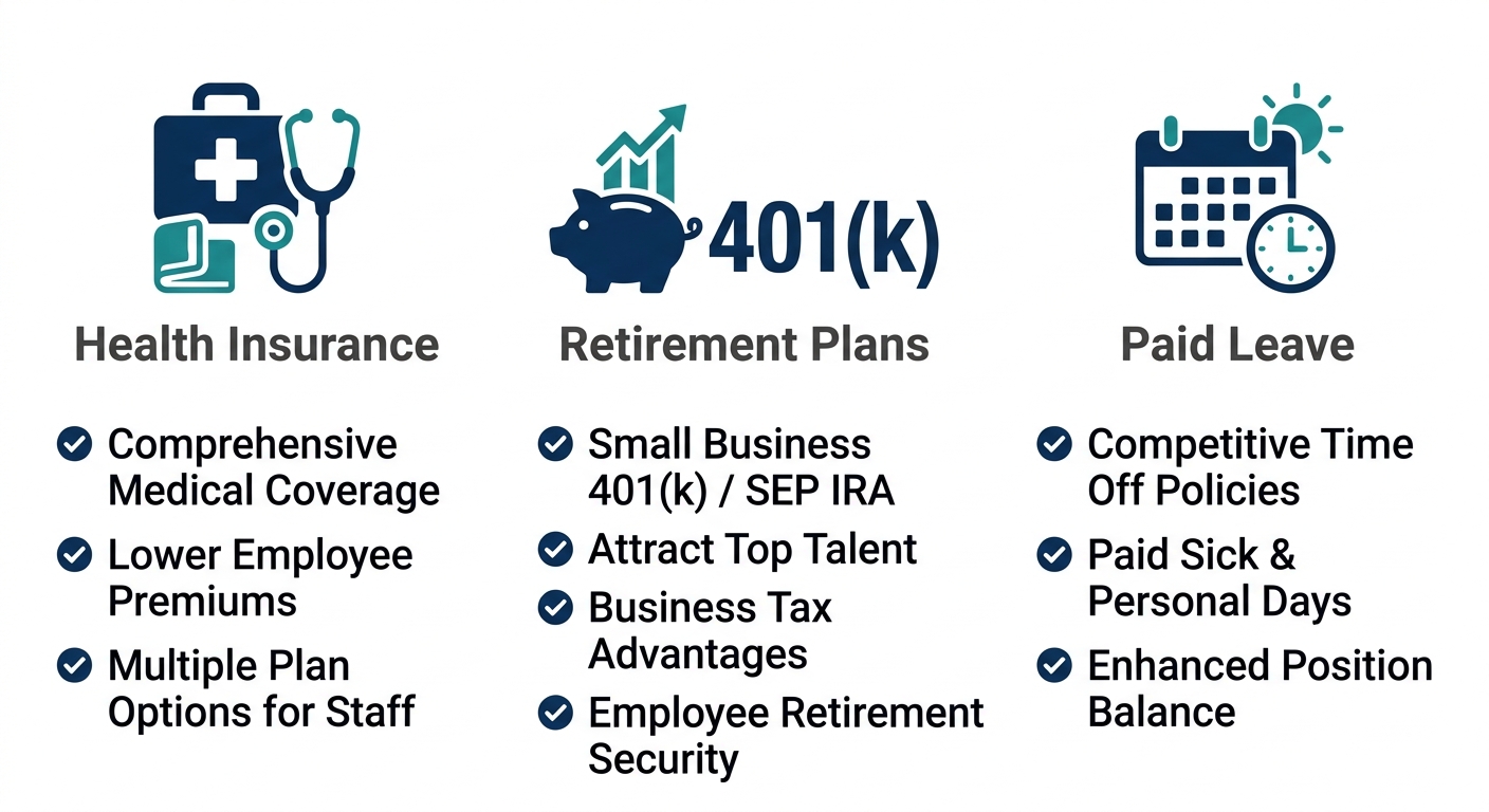 Infographic showing three key employee benefits categories: health insurance, retirement plans, and paid leave for small businesses.