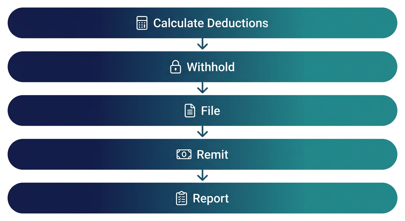 A diagram depicting a five-step automated payroll tax compliance process, from calculating deductions to final reporting, arranged in a vertical flow.