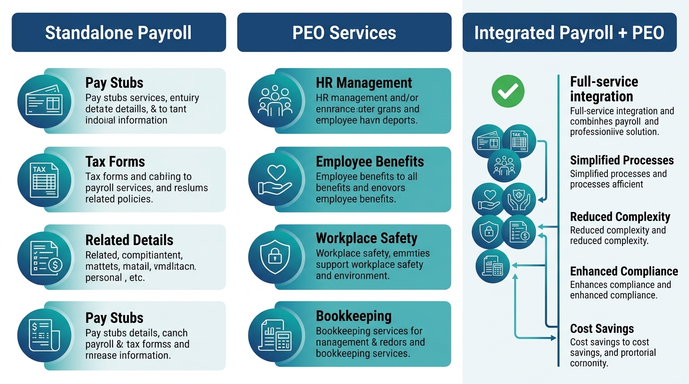Three-column visual comparison showing integrated payroll plus PEO services bundled versus standalone options, highlighting combined HR, benefits, safety, and bookkeeping features.
