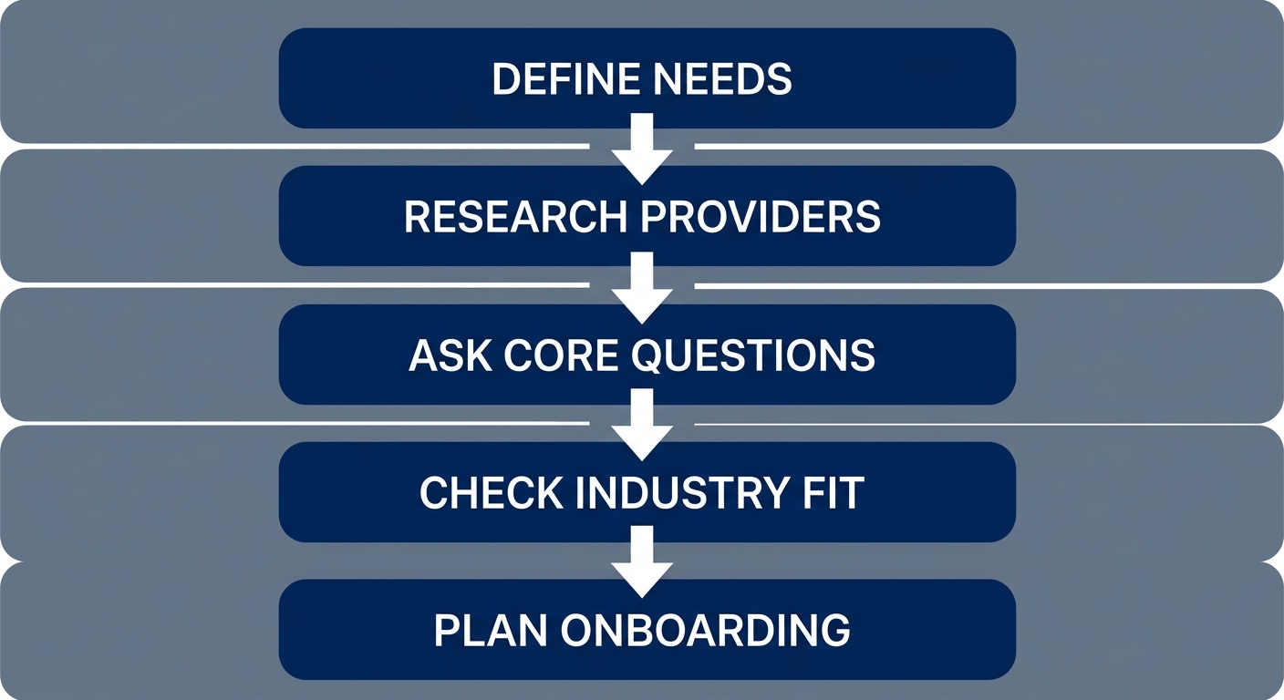 A five-step vertical process flow for selecting a PEO partner, illustrating the stages from defining needs through onboarding planning, with simple icons and no title text.