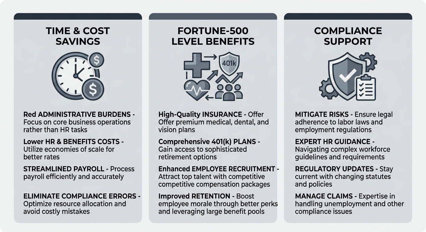 Infographic illustrating three key benefits of partnering with a PEO: savings, benefits access, and compliance support.
