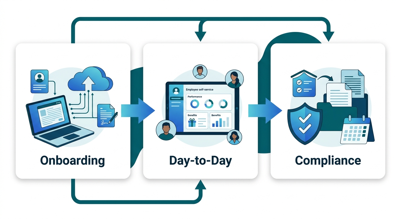 Three-step HR outsourcing process flow from onboarding through day-to-day administration to compliance and year-end reporting