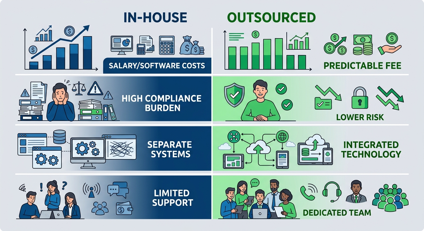 Side-by-side comparison of in-house versus outsourced payroll and HR management across cost, compliance, technology, and support metrics.