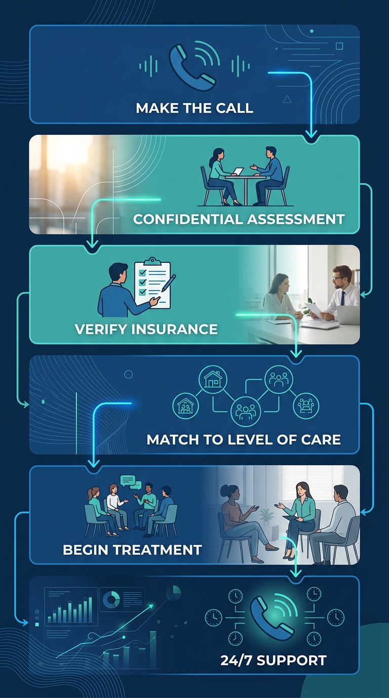 Six-stage vertical process flow showing the steps to begin outpatient behavioral health treatment, from initial phone call to ongoing counselor support.