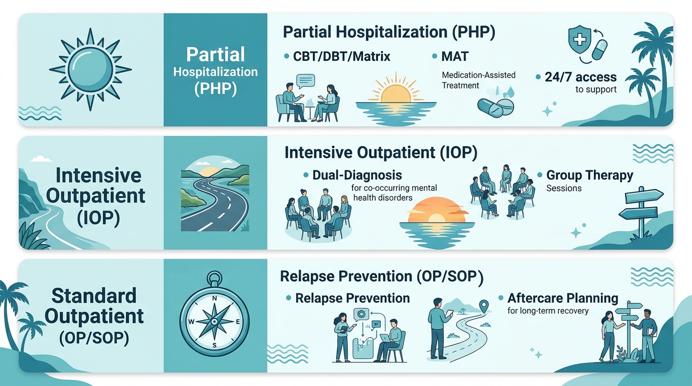 Infographic showing three levels of outpatient addiction treatment in Newport Beach: Partial Hospitalization, Intensive Outpatient, and Standard Outpatient with therapeutic modalities and support details.