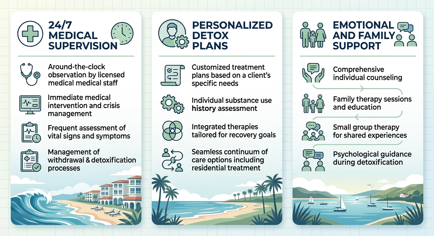 Three-column infographic comparing 24/7 medical supervision, personalized detox plans, and emotional and family support at professional detox centers in Newport Beach.