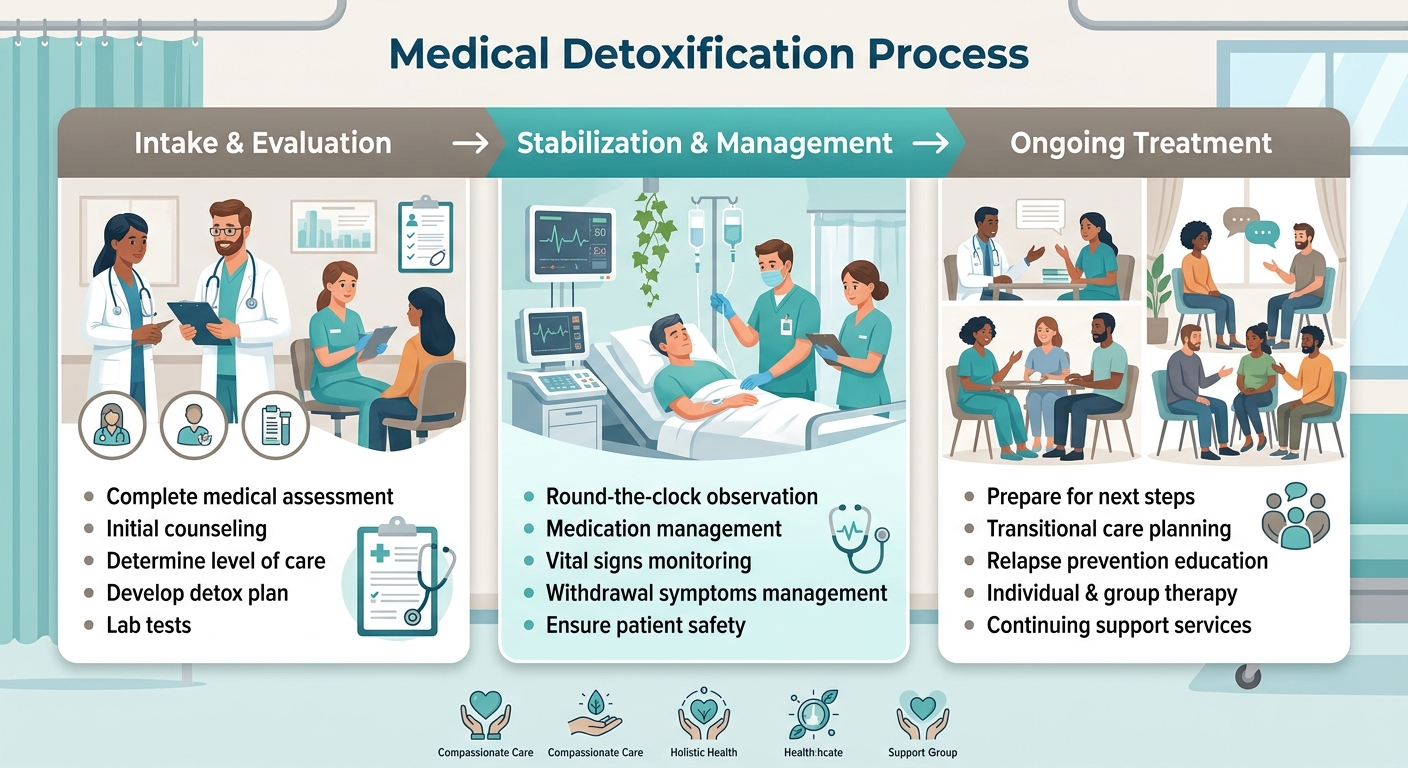 Three-step medical detox process: intake and evaluation, stabilization and management, transition to ongoing treatment.