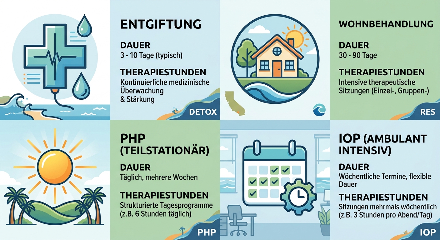 Vergleich der vier Behandlungsprogramme von Blue Coast Behavioral Health: Entgiftung, Wohnbehandlung, PHP und IOP als 2x2-Gitter-Infografik mit blauem Verlauf.