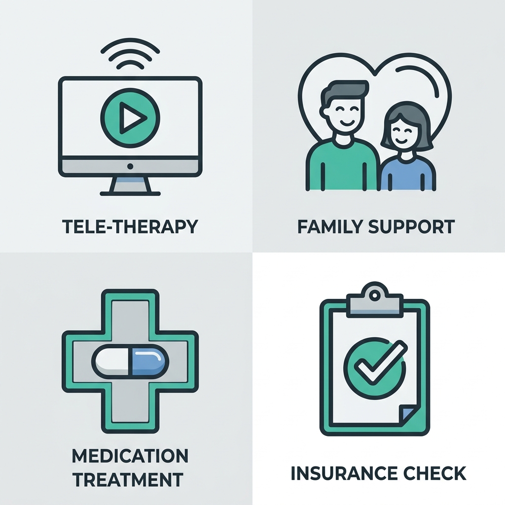 2x2 grid of four teal outline icons: tele-therapy screen, family support, medication treatment, and insurance verification, each with short label.