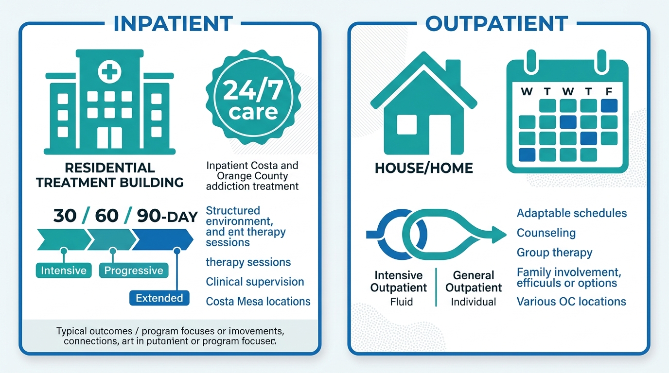 Side-by-side comparison infographic of inpatient and outpatient drug rehabilitation programs available in Costa Mesa and Orange County, featuring residential and outpatient visual indicators without header text.