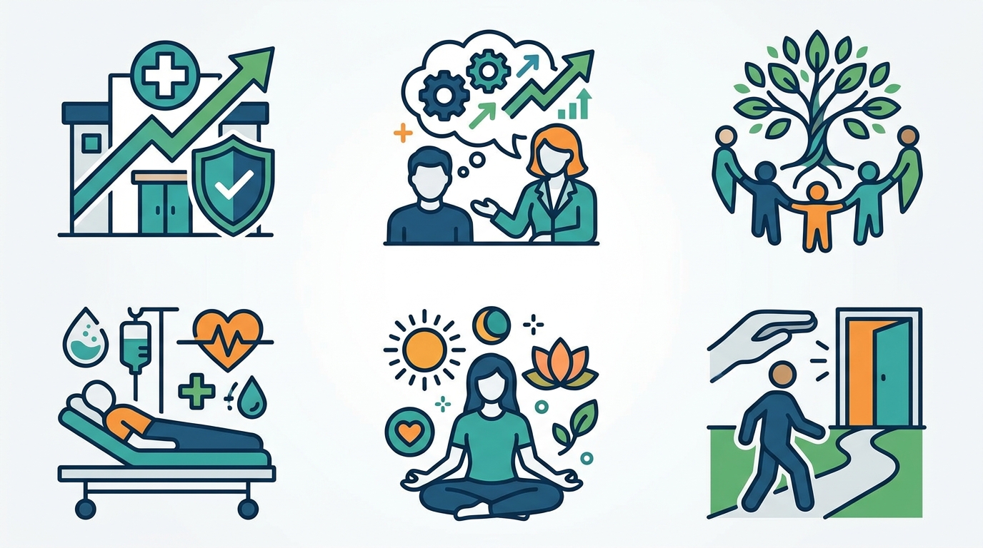 Six icons representing alcohol rehab services available in Irvine and Orange County: Outpatient, Intensive Outpatient Program, Partial Hospitalization Program, Medication-Assisted Treatment, Dual Diagnosis, and Family Support.