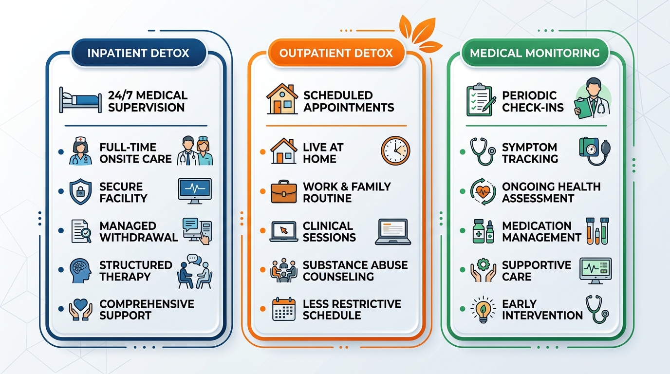 Infographic comparing three types of detox programs available in Orange County: inpatient, outpatient, and medical monitoring.