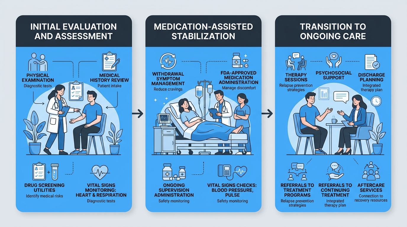 Infographic illustrating the three phases of medically supervised detoxification: evaluation, stabilization, and transition to care.