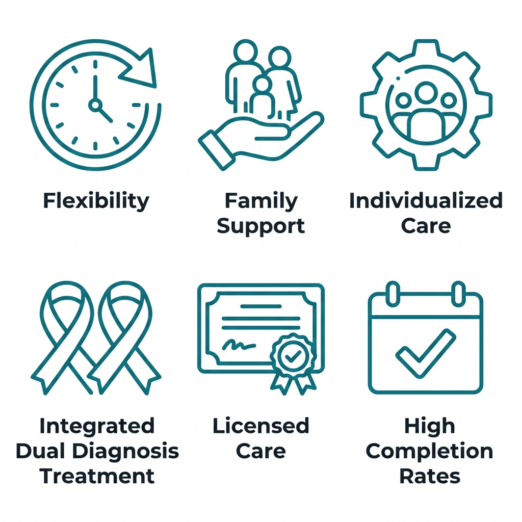 Six icons representing the benefits of outpatient rehab: flexibility, family support, individualized care, integrated treatment, licensed care, and high completion rates.