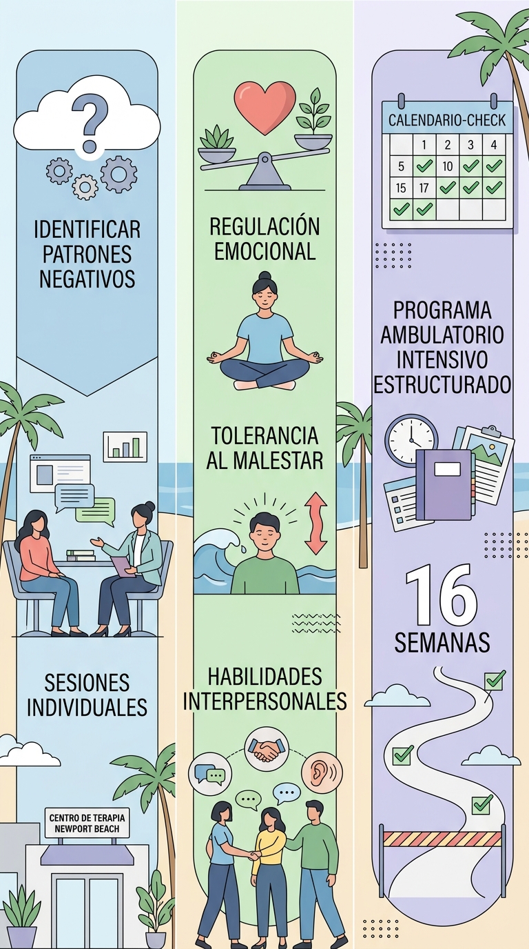 Diagrama de tres pistas de terapia para la recuperación de adicciones mostrando enfoques CBT, DBT y Modelo Matrix en Newport Beach.
