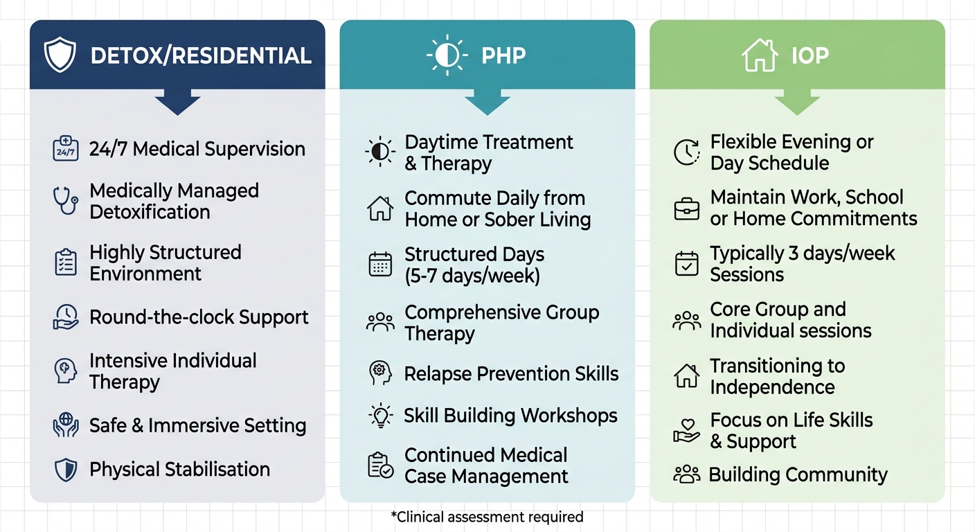 Infographic comparing three levels of addiction care: inpatient detox/residential, PHP, and IOP, presented in a clean professional layout.