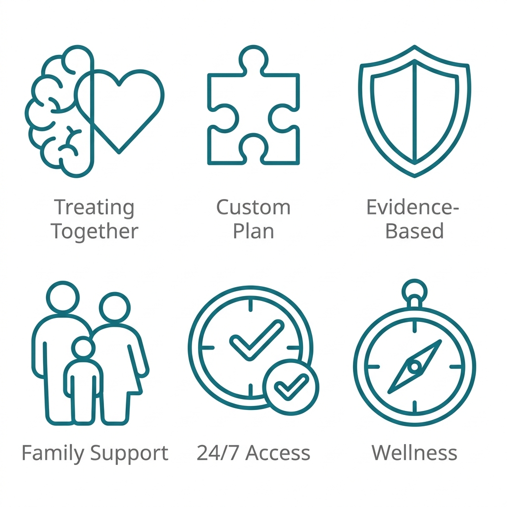 Grid of six icons representing dual diagnosis treatment components: co-occurring disorders, custom plans, evidence-based therapies, family support, 24/7 access, and wellness planning.