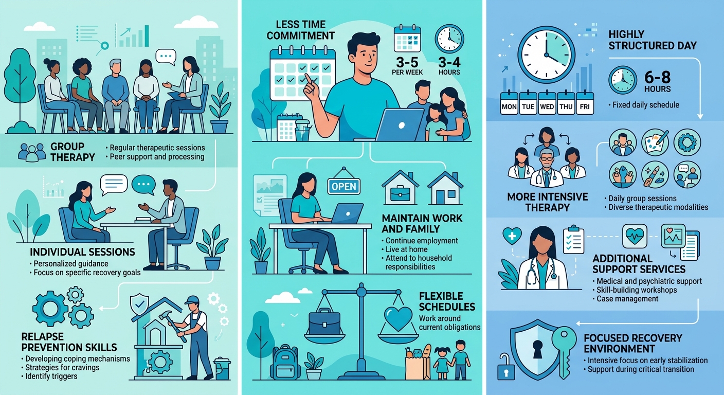 A side-by-side comparison infographic of IOP and PHP outpatient programs, showing flexibility and treatment intensity levels.
