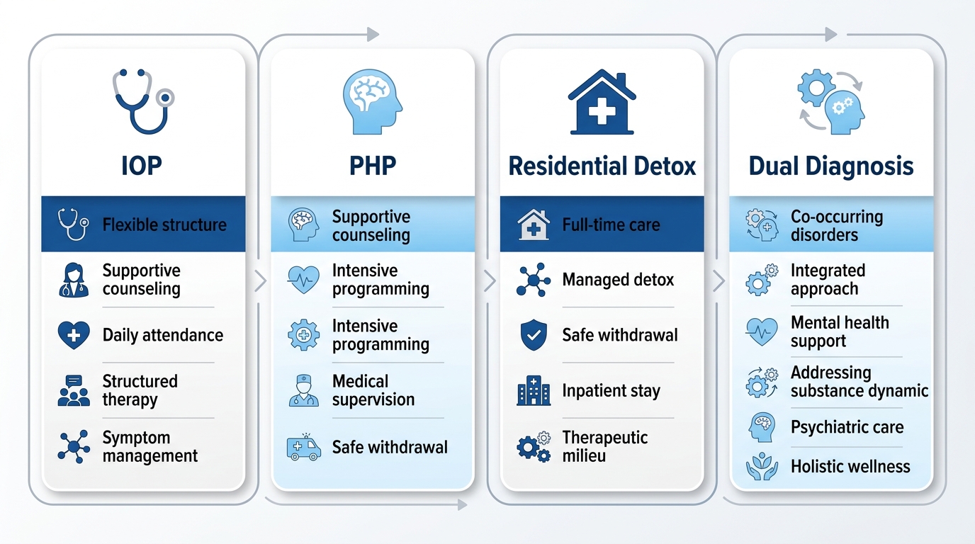 Professional infographic displaying four levels of substance use disorder care: IOP, PHP, Residential Detox, and Dual Diagnosis in a clean medical layout.