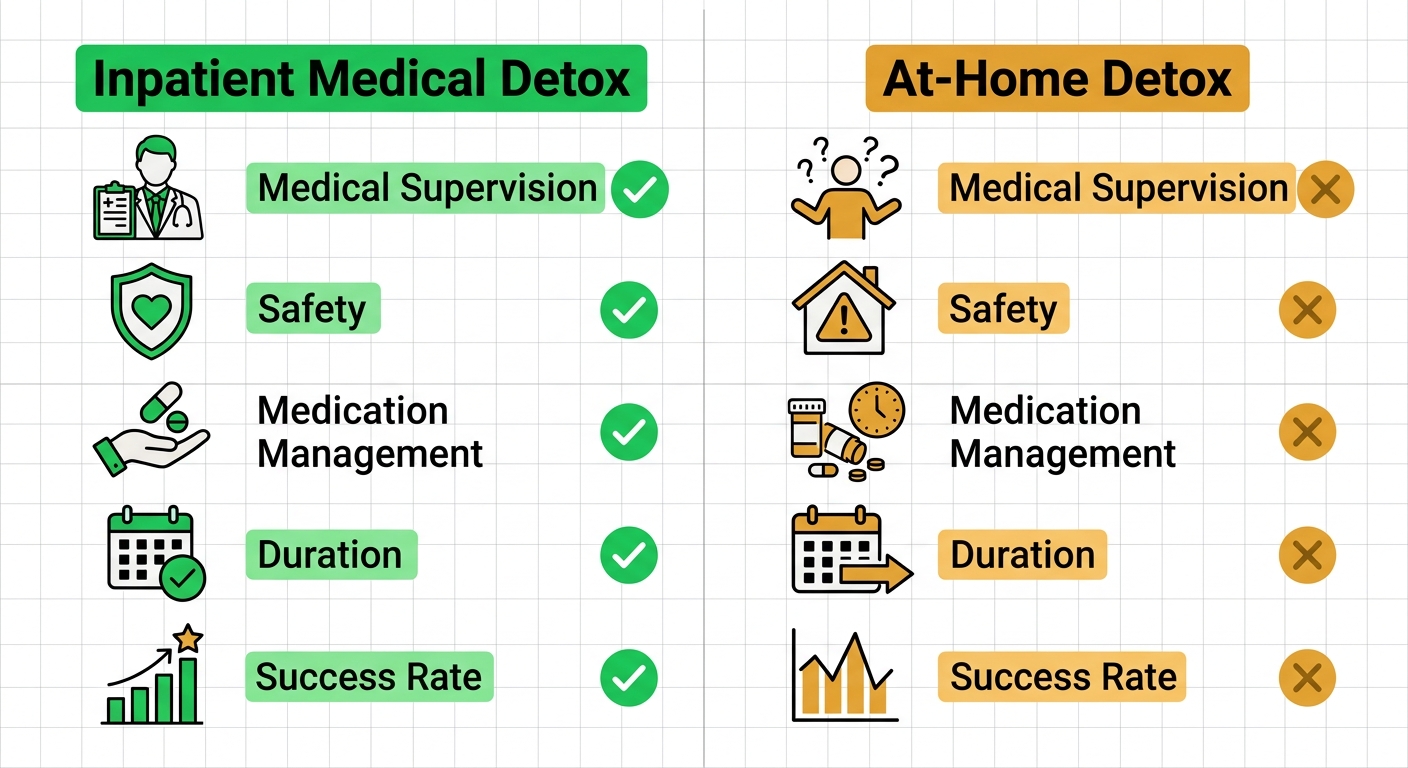 Infographic comparing inpatient medical detox and at-home detox across five key safety and effectiveness factors using green checkmarks for the inpatient column and amber highlights for the at-home column.