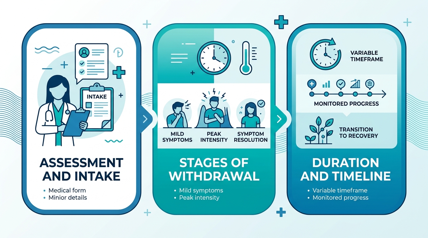 Medical detox process showing assessment, withdrawal stages, and timeline stages