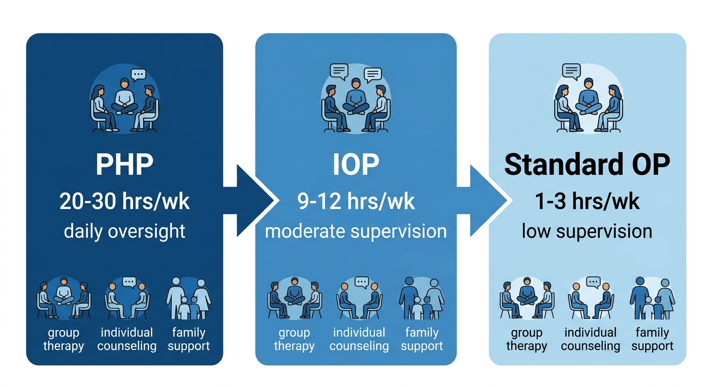 Infographic comparing three outpatient addiction treatment levels offered by Blue Coast Behavioral Health in Newport Beach: Partial Hospitalization Program, Intensive Outpatient Program, and Standard Outpatient.