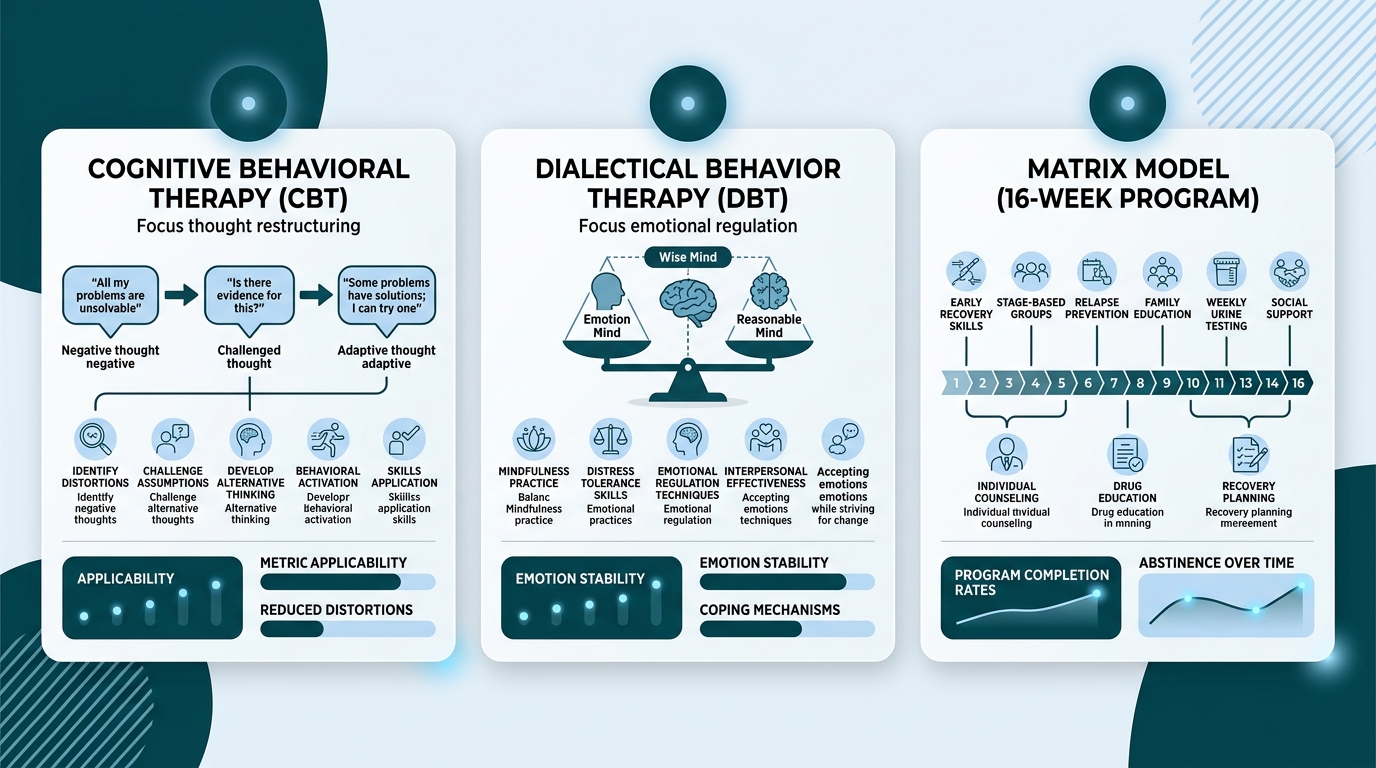 Infographic contrasting CBT, DBT, and the Matrix Model for dual diagnosis addiction treatment at Blue Coast Behavioral Health in Newport Beach.