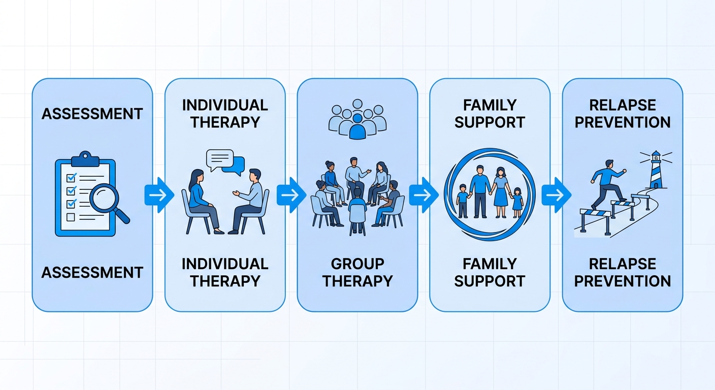 Diagram showing the five stages of a personalized intensive outpatient program for addiction treatment in a horizontal flow.