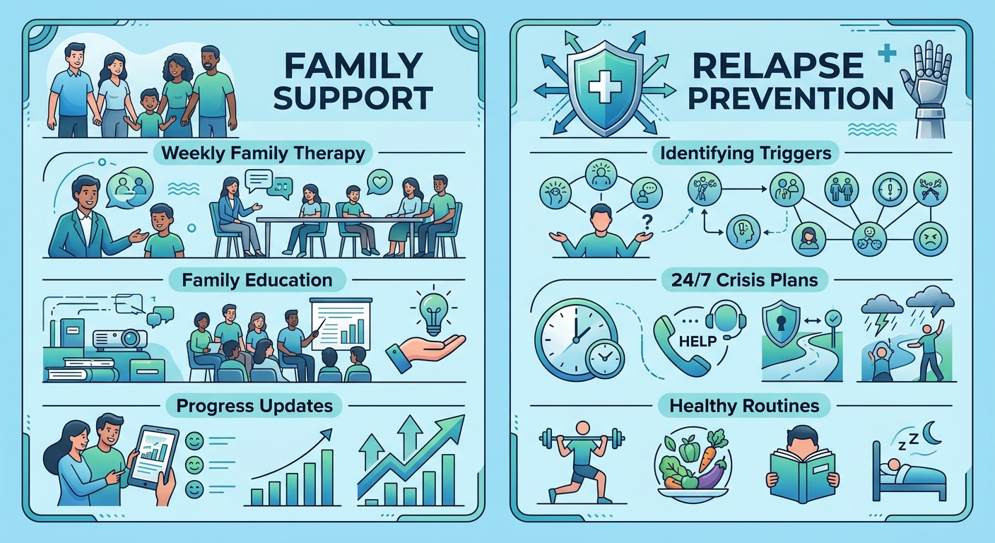 Family support and relapse prevention infographic with two columns showing therapy, education, and crisis planning resources