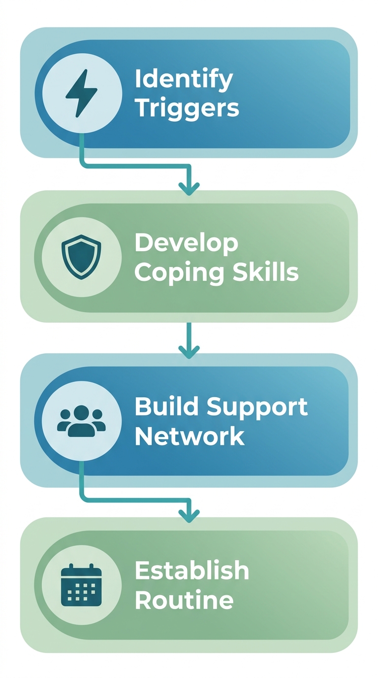Vertical process flow showing the four stages of relapse prevention planning in a calming blue-green palette, with icons for identifying triggers, developing coping skills, building a support network, and establishing a routine.
