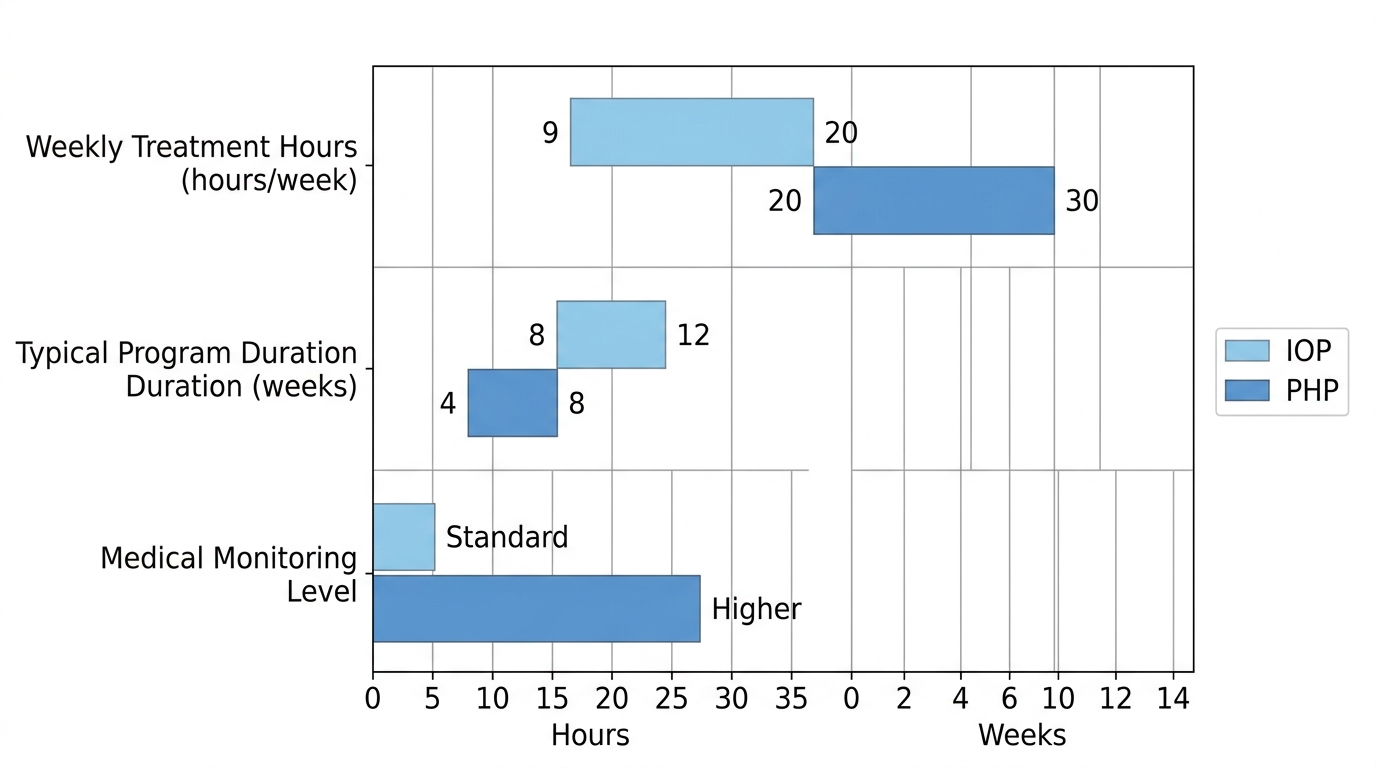 Bar chart comparing IOP and PHP programs across weekly hours, duration, and medical monitoring, with IOP in light blue and PHP in medium blue.
