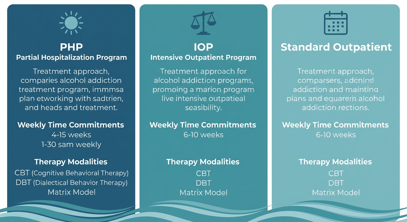 Infographic comparing three levels of alcohol addiction treatment in Newport Beach: Partial Hospitalization Program, Intensive Outpatient Program, and Standard Outpatient, showing therapy modalities and time commitments.