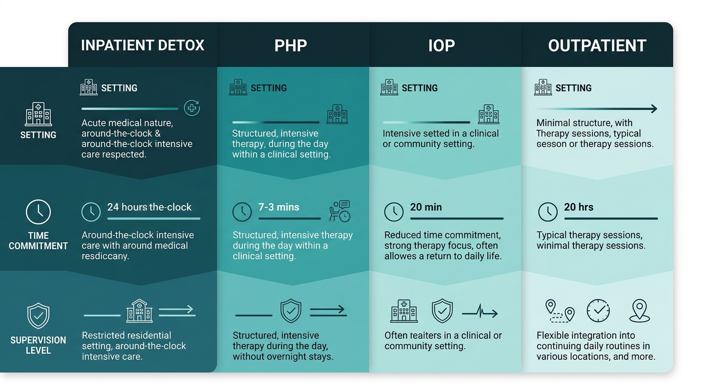 Data visualization comparing four levels of alcohol rehab care: Inpatient Detox, PHP, IOP, and Outpatient, with details on setting, time commitment, and supervision level.