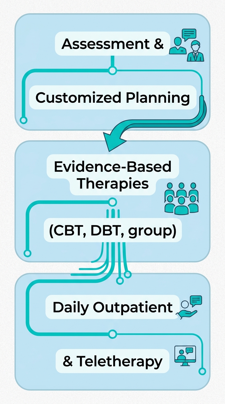 Three-stage diagram of an alcohol rehab program in Newport Beach showing assessment, therapies including dual-diagnosis care, and outpatient daily life options.