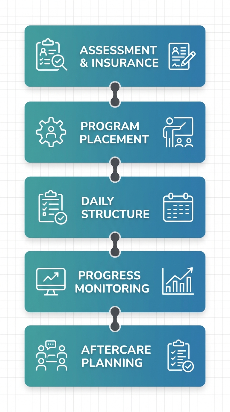 Vertical process flow diagram showing five stages of addiction treatment intake at Blue Coast Behavioral Health: Assessment & Insurance, Program Placement, Daily Structure, Progress Monitoring, and Aftercare Planning.
