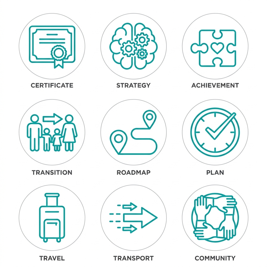 A 3x3 grid of nine outlined icons in teal on circular white badges, each with a text label, representing key steps for choosing and succeeding in rehabilitation.